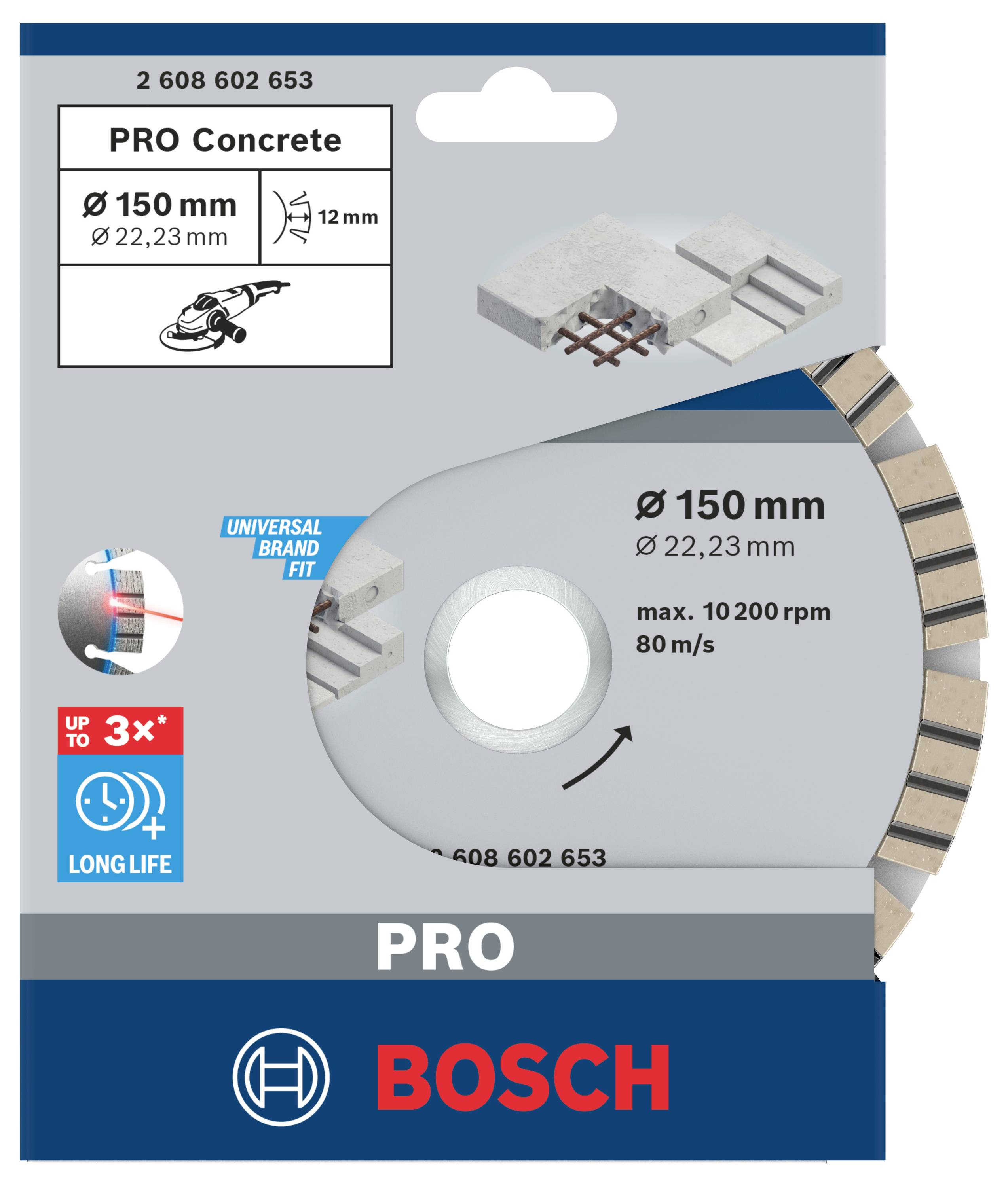 Diamantový řezný kotouč Bosch pro beton a kámen s průměrem 150 mm a otvorem 22,23 mm, vhodný pro úhlové brusky.