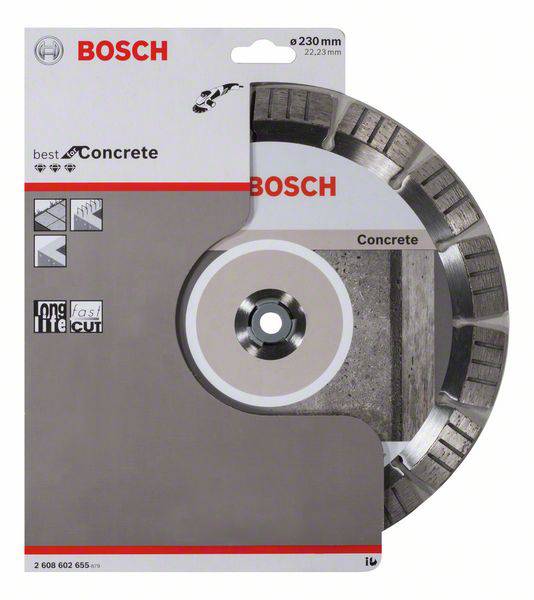 Diamantový kotouč Bosch v obalu, vhodný pro betonářské práce. Označení 'Best for Concrete' poukazuje na vysokou kvalitu pro beton.