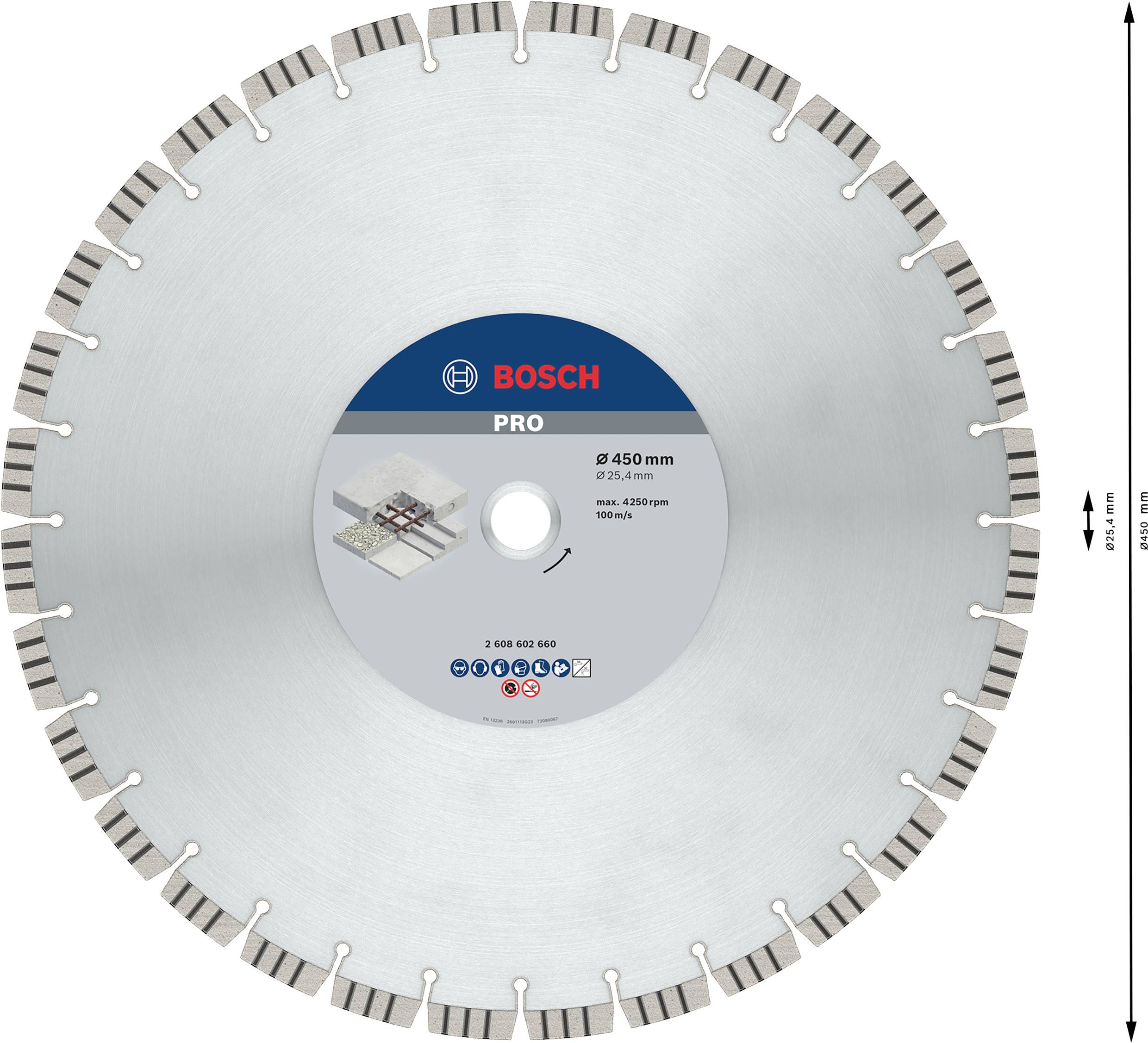 Pilový kotouč od 'Bosch Pro', průměr 450 mm, vhodný pro beton a kámen, šedý povrch se segmentovanými řeznými zuby.