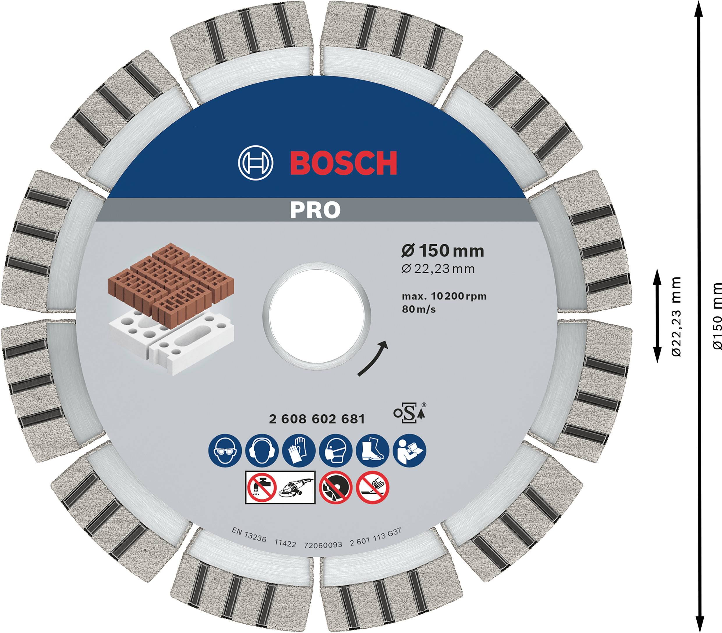 Diamantový řezný kotouč 'BOSCH PRO', Ø 150 mm, pro materiály jako cihly a bloky, max. 10.200 ot/min, 80 m/s.