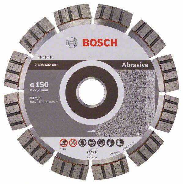 'Řezný kotouč Bosch, Ø 150 x 22,23 mm, pro abrazivní materiály, max. 80 m/s, max. 10200 ot./min, s údaji výrobce a bezpečnostními pokyny.'