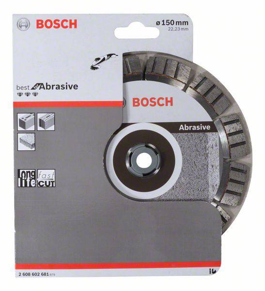 'Brusný kotouč Bosch, Ø150mm, s otvorem 22,23mm, vhodný pro beton, kámen, rychlé a dlouhodobé řezání.'
