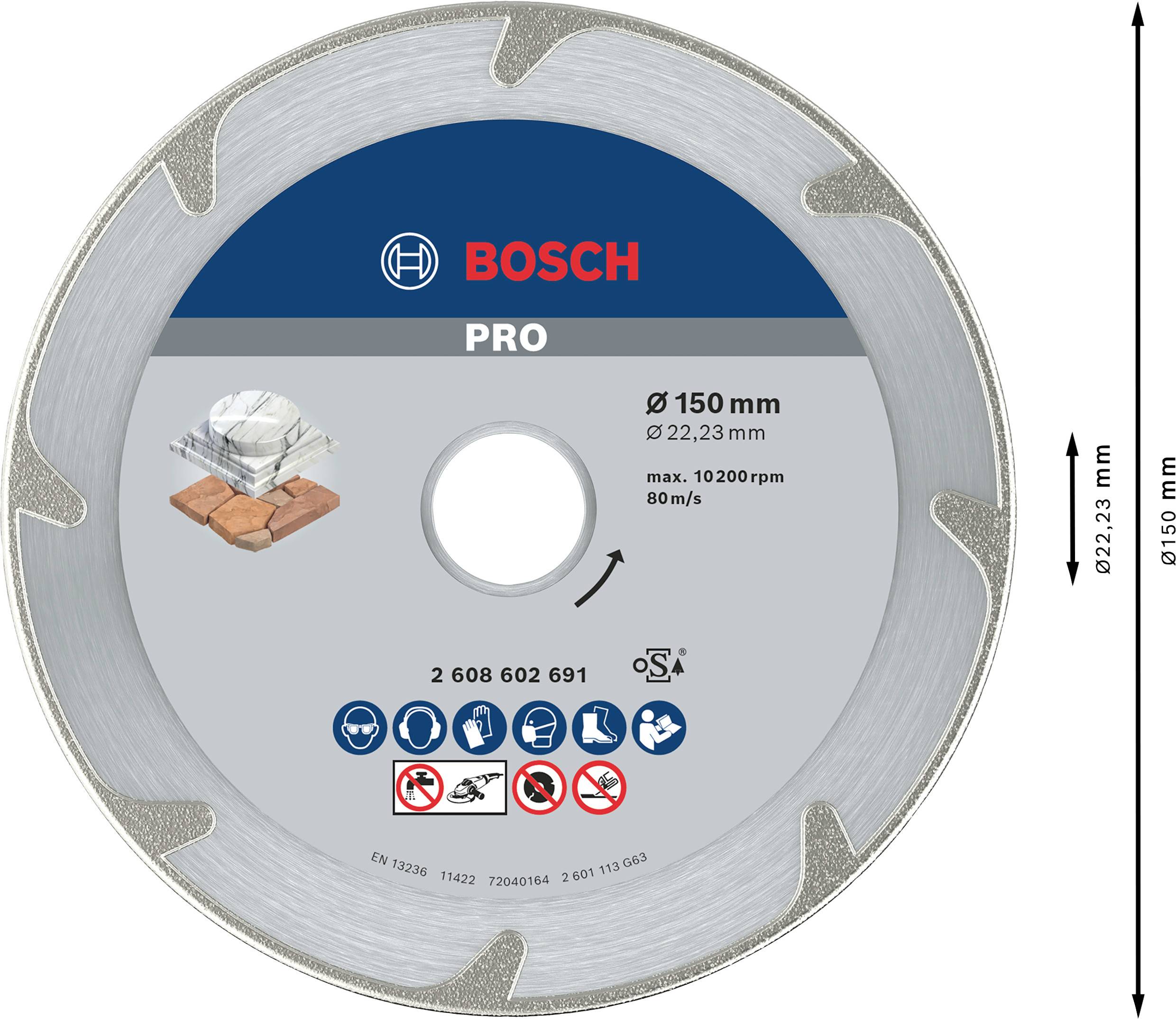 Pilový kotouč Bosch s diamantovými segmenty, průměr 150 mm. Vhodný pro obklady a kámen, maximální otáčky 10.200 ot/min.