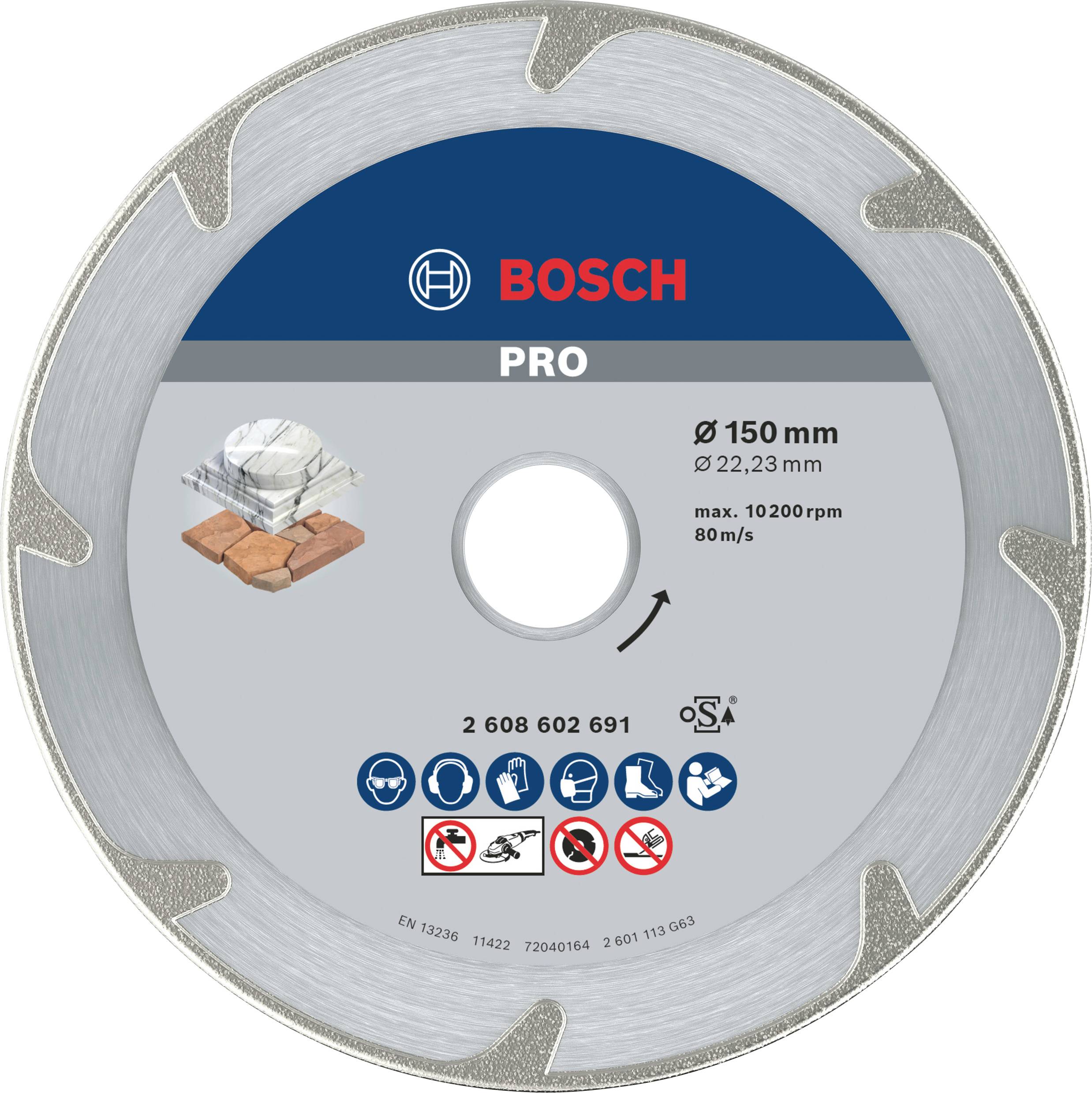 'Bosch PRO' diamantový řezací kotouč pro řezací práce, průměr: 150 mm. Vhodný pro cihly a zdivo.