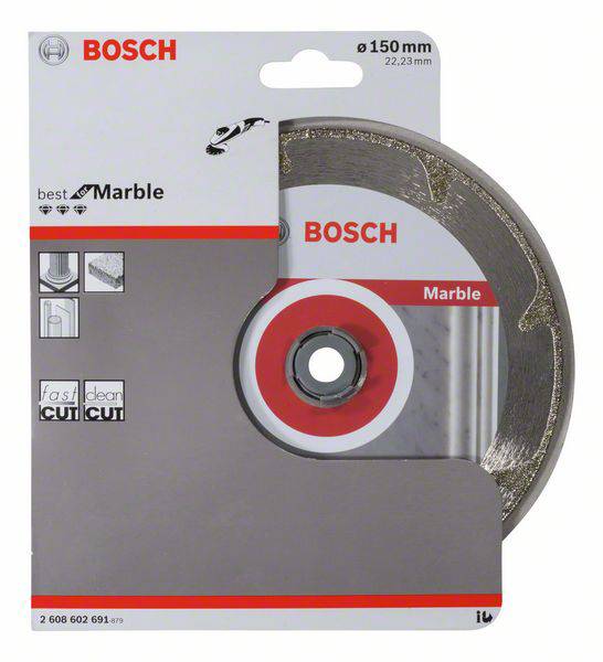 Diamantový řezný kotouč Bosch z mramoru, průměr 150 mm. Balení ukazuje možnosti použití a zaručuje rychlé, čisté řezání.