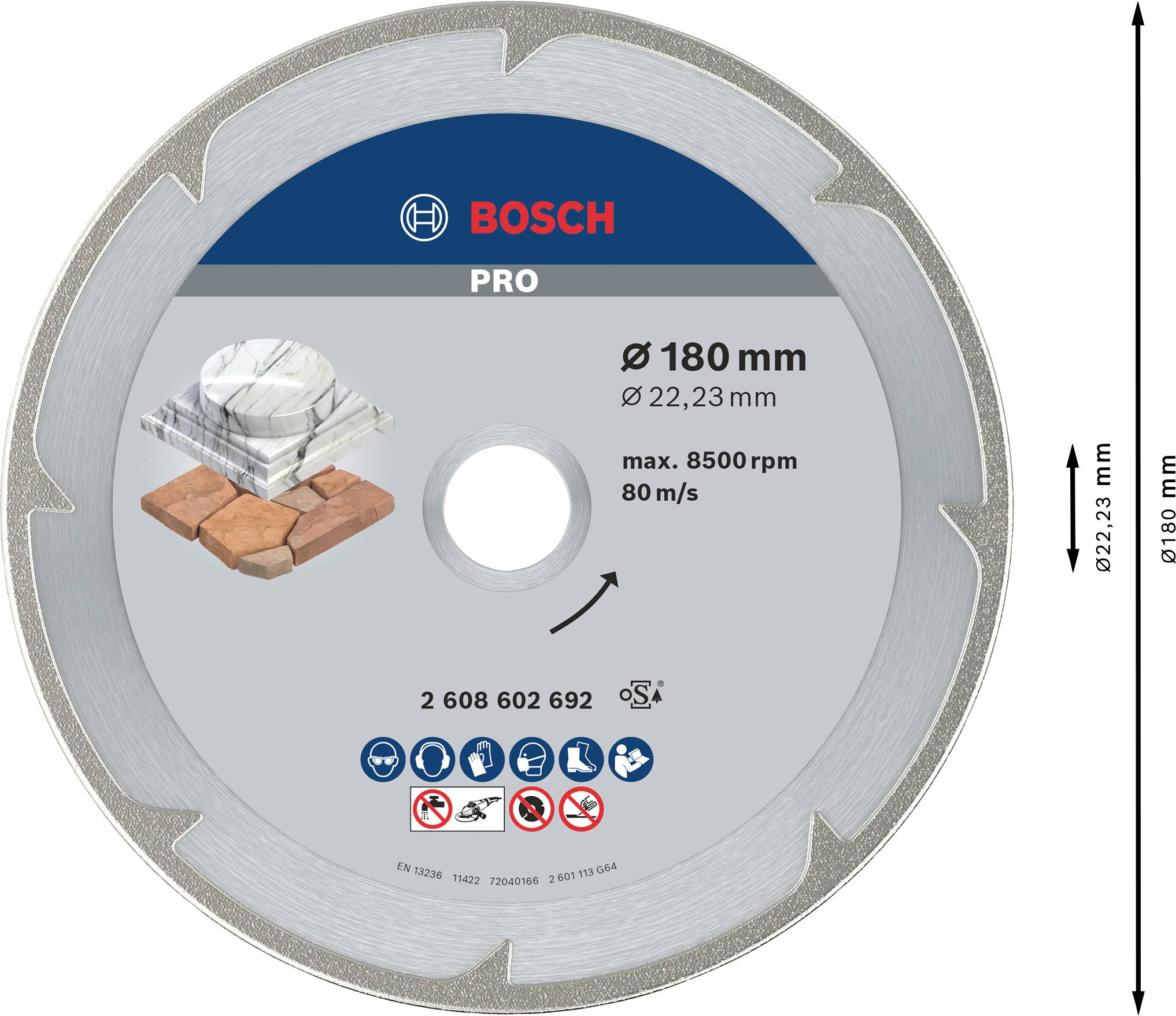 Bosch Pro diamantový kotouč, průměr 180 mm, max. 8500 ot./min, 80 m/s. Ideální pro řezání kamene a cihel.
