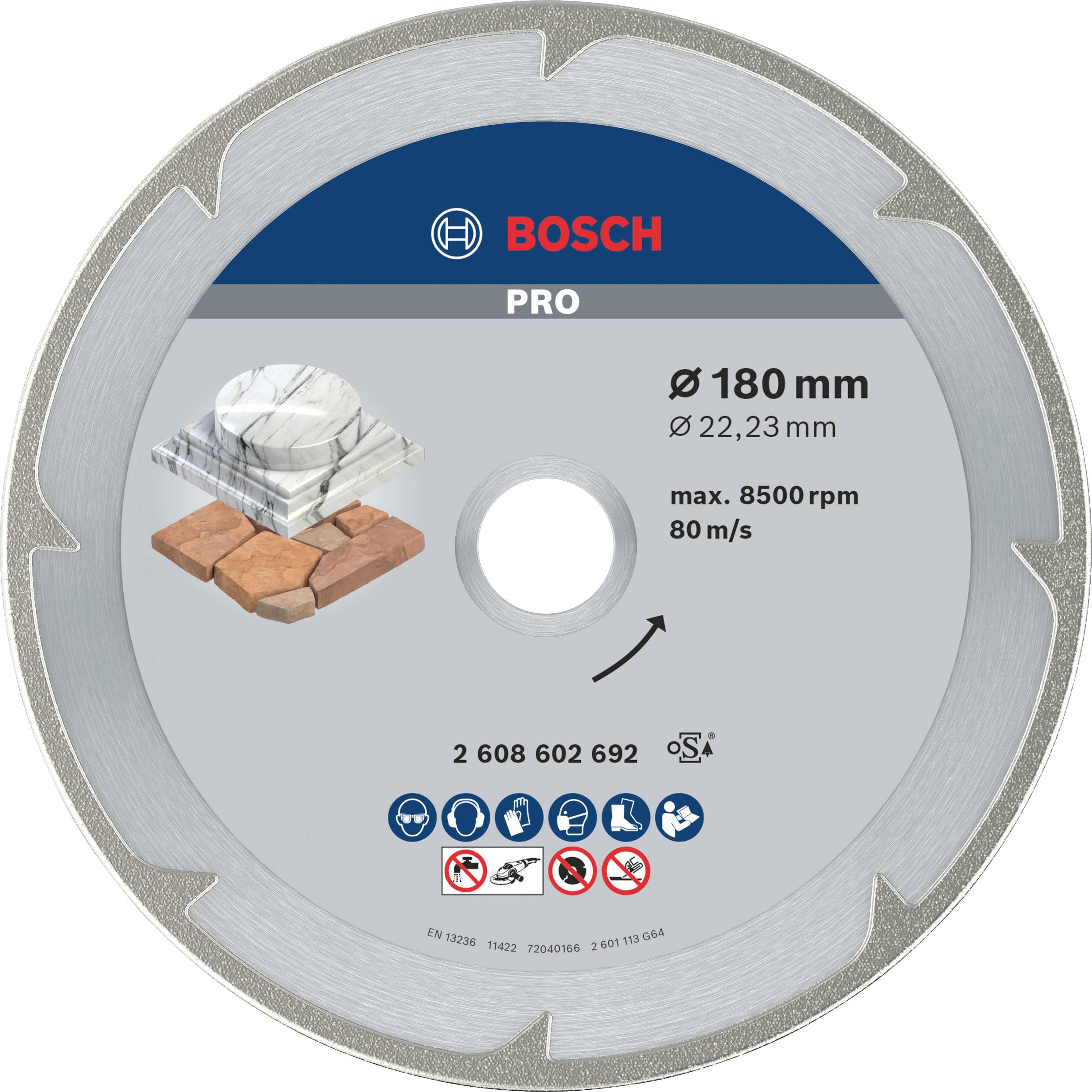 Diamantový kotouč 'BOSCH PRO', průměr 180 mm, pro opracování kamene a betonu, max. 8500 ot./min, 80 m/s, obrázky dlaždic a kamenů.