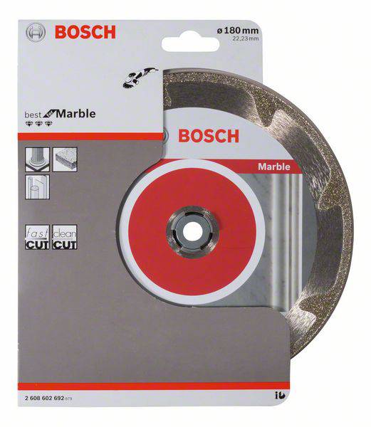 Diamantový pilový kotouč Bosch pro mramor, průměr 180 mm. Obal ukazuje kompatibilitu s mramorovým materiálem a přesné řezy.