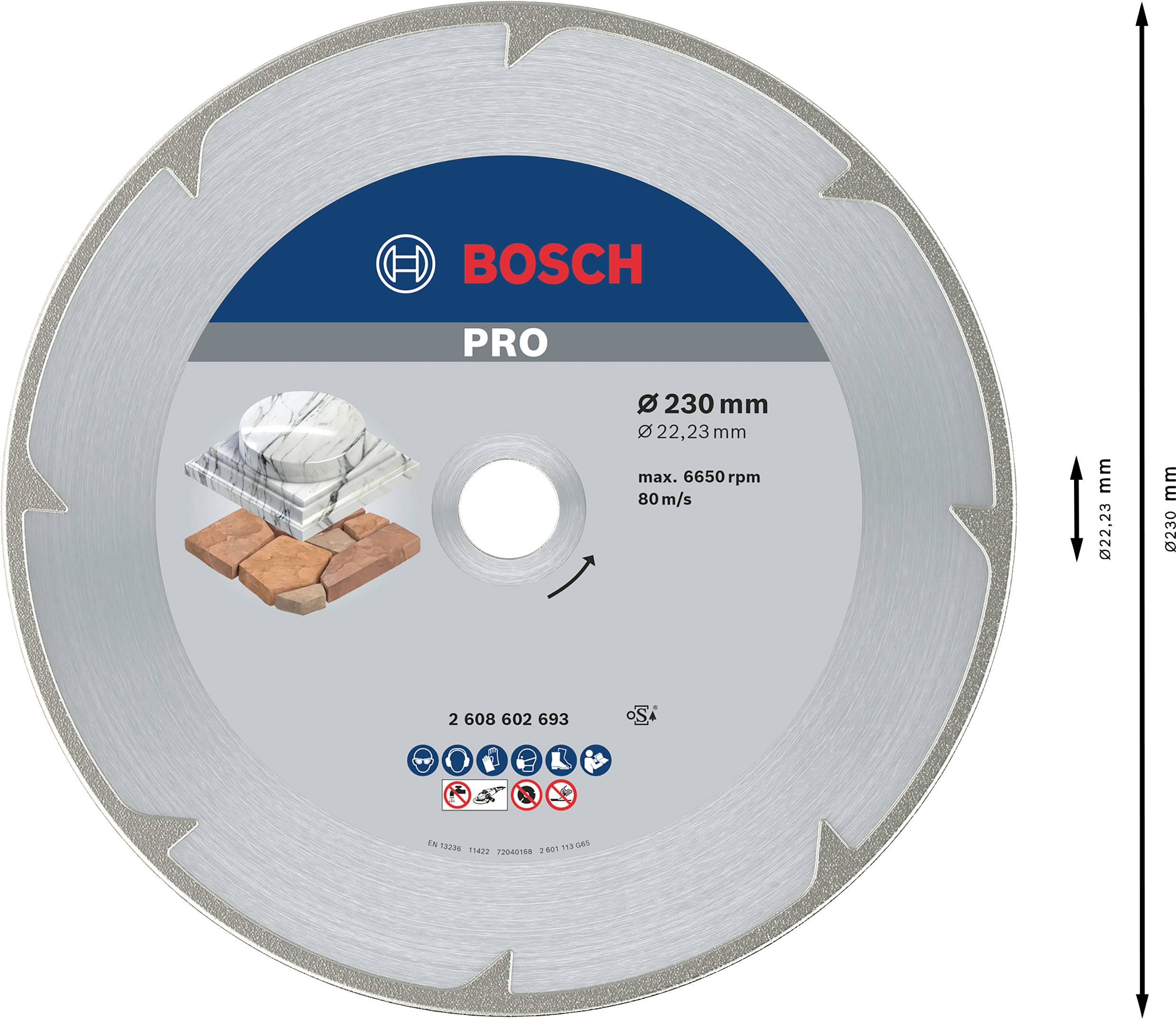 Obrázek řezného kotouče Bosch PRO, ø 230 mm, max. 6650 ot./min, 80 m/s, vhodný pro kamenné dlaždice.