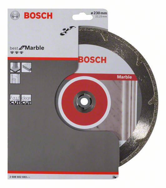 Diamantový řezací kotouč Bosch pro mramor, balení zobrazuje kotouč s šedým řezným okrajem. Vhodný pro čisté řezy.