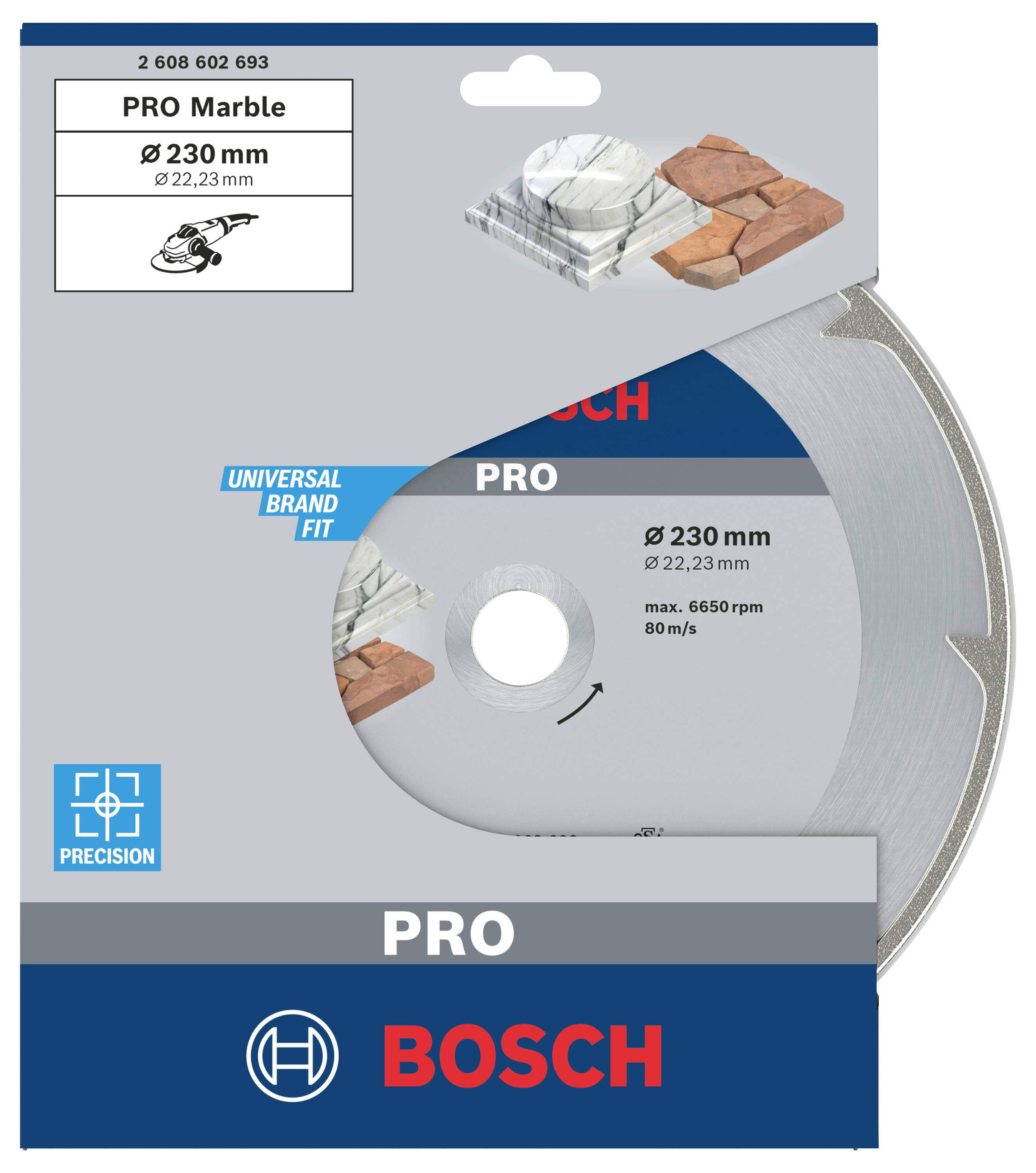 Balení řezného kotouče Bosch na mramor, průměr 230 mm, otvor 22,23 mm, pro přesné řezání, Universal Brand Fit.