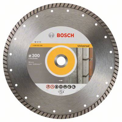 Diamantový řezný kotouč Bosch Universal o průměru 300 mm, vhodný pro stavební práce. Obsahuje bezpečnostní symboly a technické údaje.