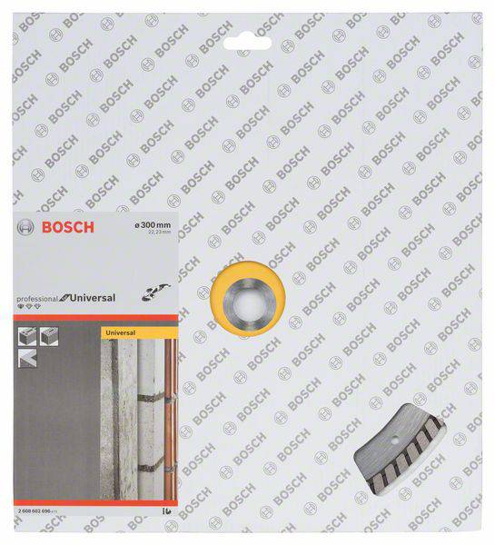 Obal Bosch pro pilový kotouč 300 mm, vhodný pro betonové a cihlové materiály. Obsahuje vyobrazení produktu a firemní logo.