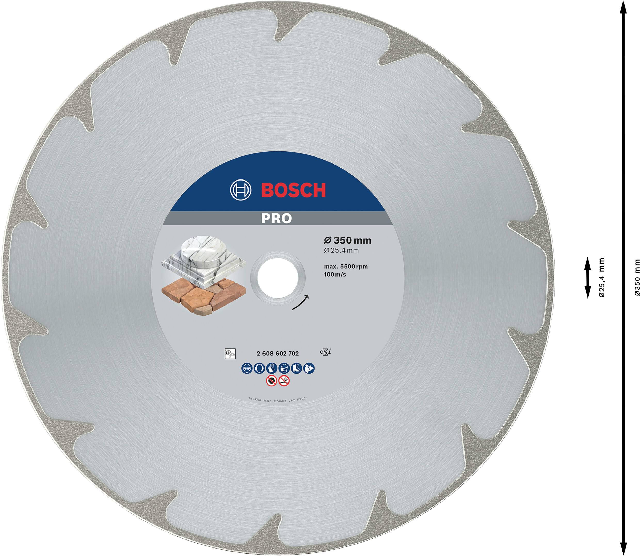 Pilový kotouč značky Bosch, průměr 350 mm, vhodný pro dlaždice, kámen a beton; profesionální použití.