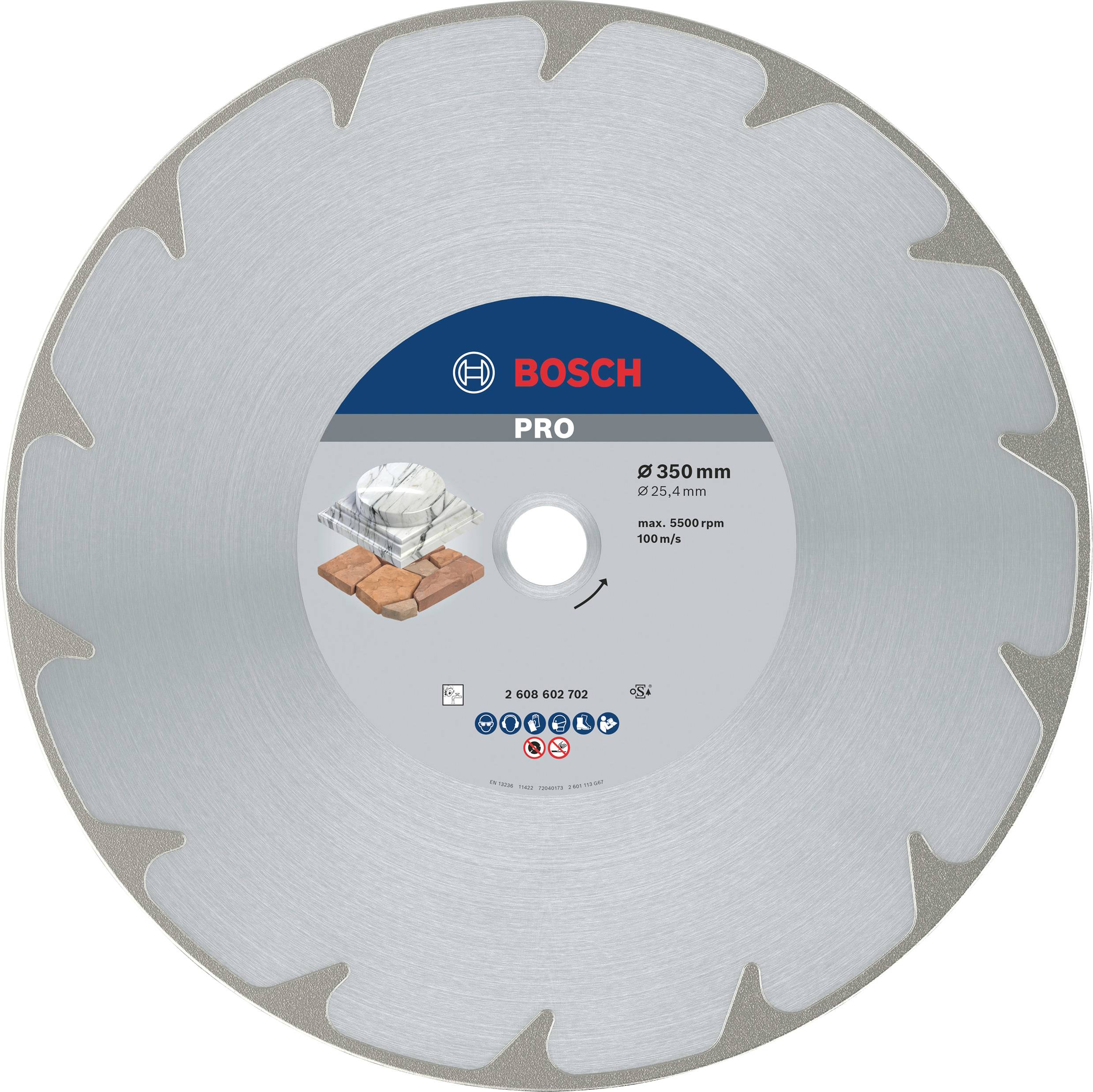 Diamantový řezný kotouč Bosch, průměr 350 mm, vhodný pro suché i mokré řezání betonu a podobných stavebních materiálů.