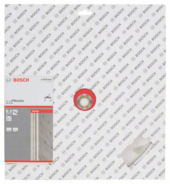 Obal Bosch pro 350mm mramorový řezný kotouč, zobrazující produkt s popisem a ilustracemi použití.