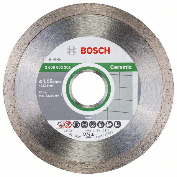 'Bosch keramická diamantová řezací kotouč, průměr 115 mm, otáčky až 13.300 min⁻¹, 80 m/s, vhodný pro řezání keramiky.'
