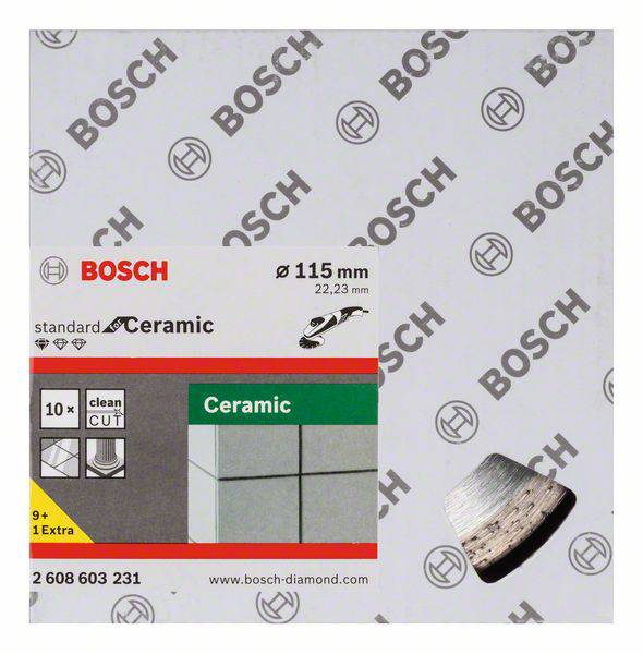 Řezný kotouč na obklady 'Bosch standard Ceramic', Ø 115 mm. Na obrázku jsou vzorky dlaždic a produktové informace na bílém obalu.