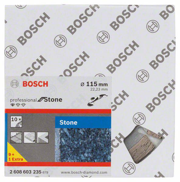 Diamantový řezný kotouč Bosch, průměr 115 mm, vhodný pro kamenné materiály. Balení s vyobrazením produktu a logem výrobce.