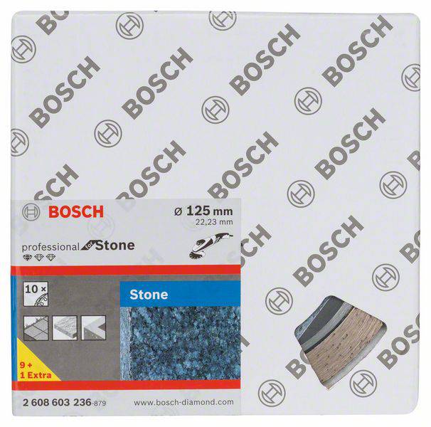 Obal diamantového kotouče Bosch Professional pro kamenné materiály, průměr 125 mm. Zobrazuje aplikační obrázky: dlažba, šedý kámen, dřevo.