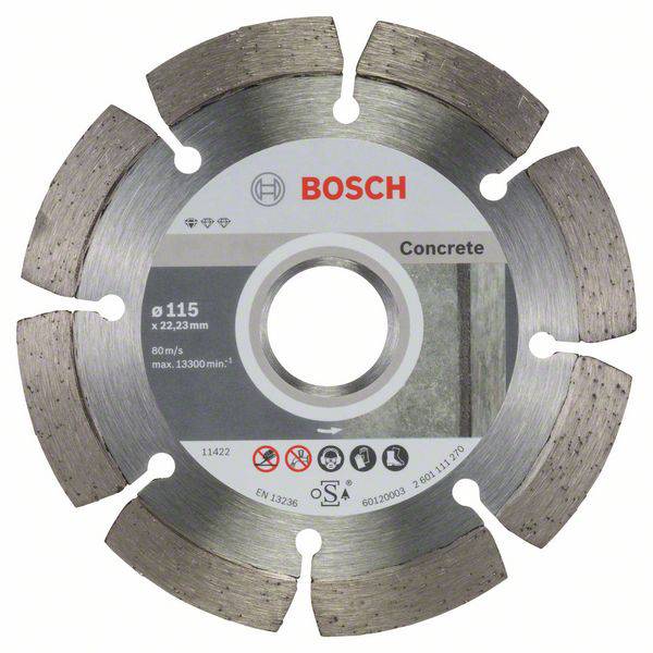 Betonová řezací kotouč Bosch s nápisem 'Concrete', určený pro řezání betonu. Jsou uvedeny informace o velikosti a otáčkách.