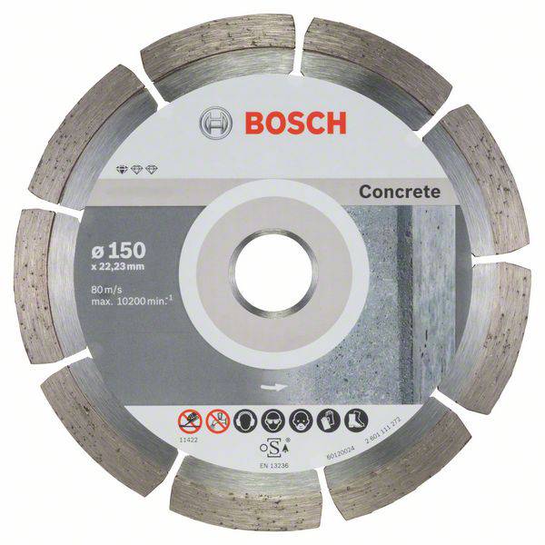 Diamantový řezný kotouč Bosch na beton, Ø 150 mm, max. 80 m/s, max. 10 200 ot./min. Obrázek šedého betonu na obalu.