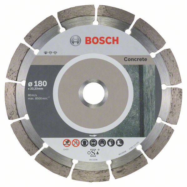 Pilový kotouč značky Bosch, určený pro beton. Průměr 180 mm. Obsahuje bezpečnostní symboly a označení oblasti použití.