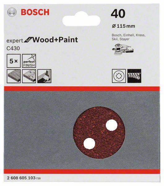 'Bosch brusný kotouč 40 zrnitost, 115 mm, vhodný pro dřevo a barvu. Balení obsahuje 5 kusů. Profesionální kvalita.'