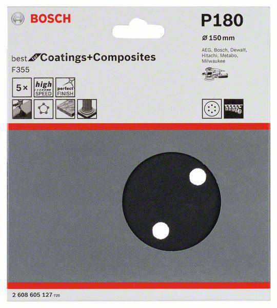 Balení brusného papíru Bosch o zrnitosti P180, průměr 150 mm. Vhodné pro značky jako AEG, Bosch, Dewalt.