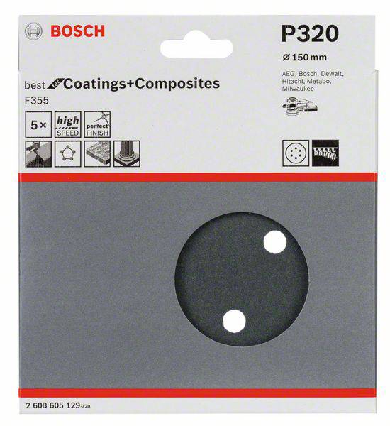 Brusný kotouč Bosch P320, Ø 150 mm, 5 kusů, vhodný pro nátěry a kompozity, vysoká rychlost a dokonalý povrch.