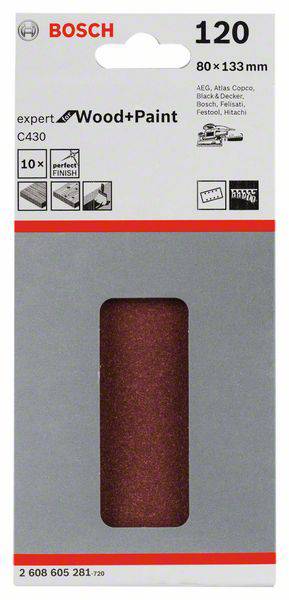 Obrázek ukazuje balení výrobku Bosch s brusným papírem na dřevo a barvu, zrnitost 120, velikost 80 x 133 mm.