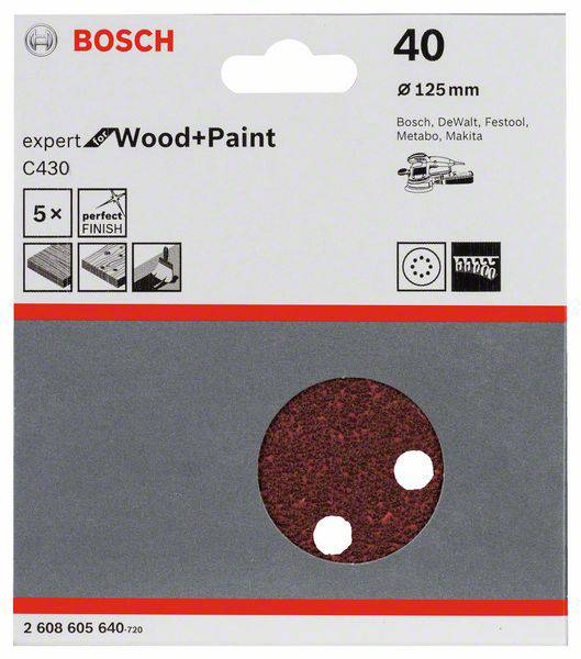 'Bosch brusný papír C430, zrnitost 40, Ø 125 mm. Pro experty v práci se dřevem a barvami. Kompatibilní s Bosch, DeWalt, Festool, Metabo, Makita.'