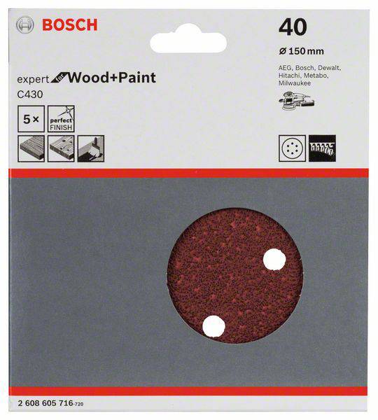 Obal zobrazuje brusný papír značky Bosch pro dřevo a barvu, zrnitost 40, průměr 150 mm, 5 kusů. Vhodný pro několik nástrojů.