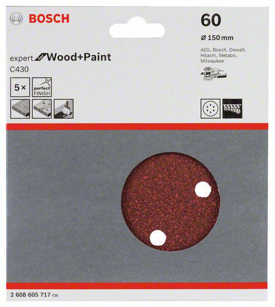 'Brusný papír Bosch, zrnitost 60, Ø 150 mm, vhodný pro dřevo a barvu. Balení obsahuje 5 kusů. Kompatibilní se soustružnickými zařízeními značek AEG, Bosch, Dewalt, Hitachi, Metabo a Milwaukee.'