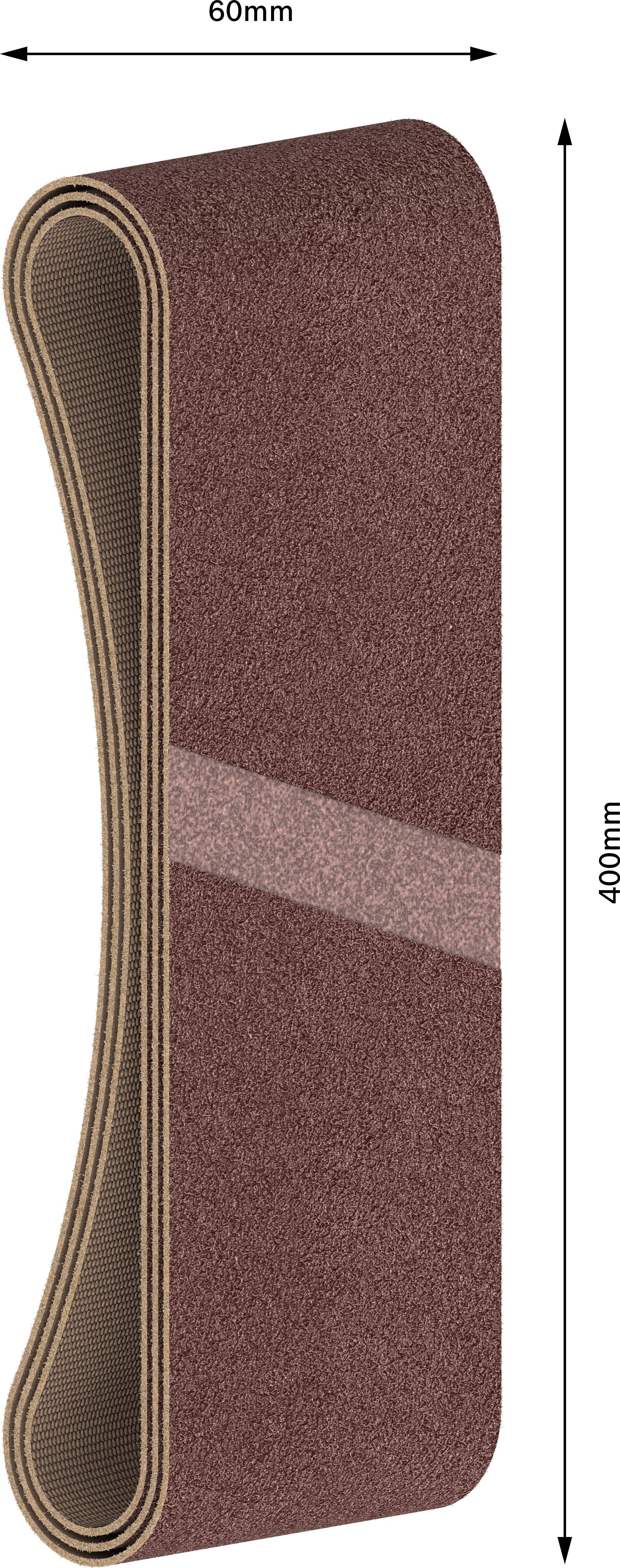 Brusný pás o rozměrech 60 mm šířka a 400 mm délka, zobrazený v ohnutém stavu. Vhodný pro broušení.
