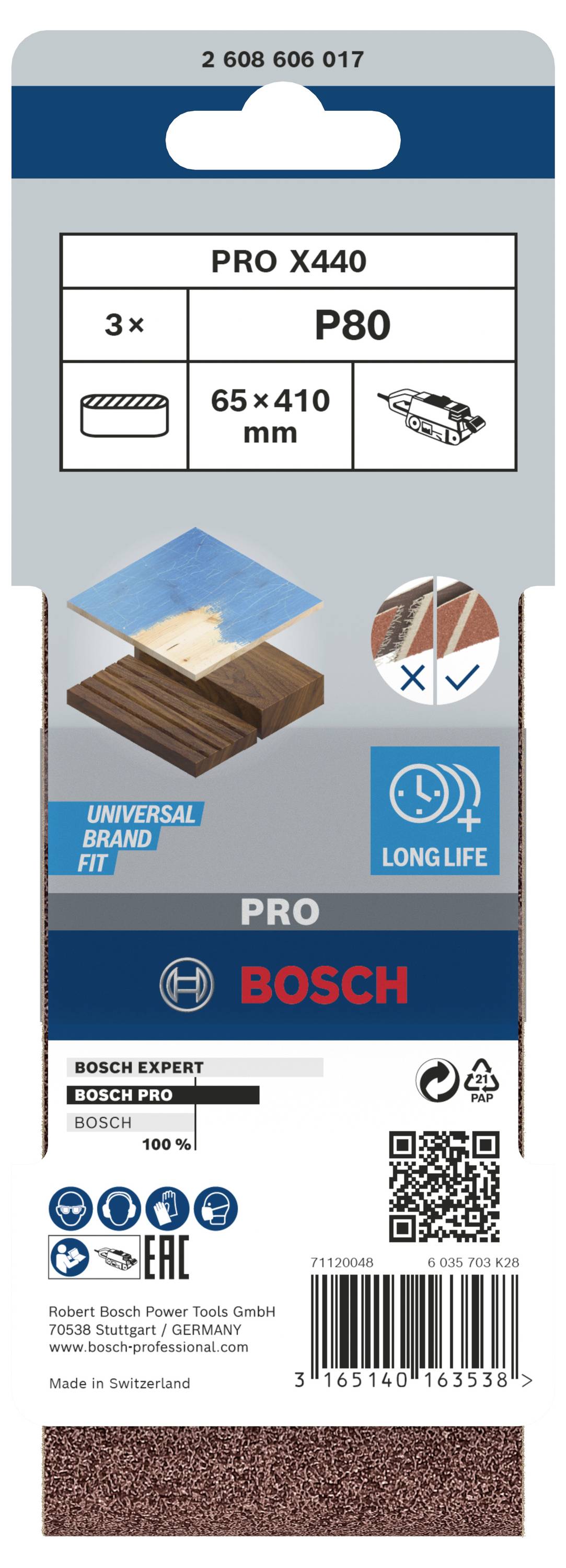 Balení pro brusné pásy Bosch: 'PRO X440', zrnitost P80, velikost 65x410 mm, 3 kusy. Vhodné pro broušení dřeva, dlouhodobě trvanlivé.