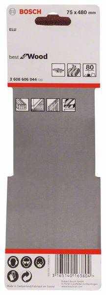 Balení brusného pásu Bosch, 75x480 mm, vhodné pro dřevo. Obsahuje piktogramy pro použití a číslo produktu.