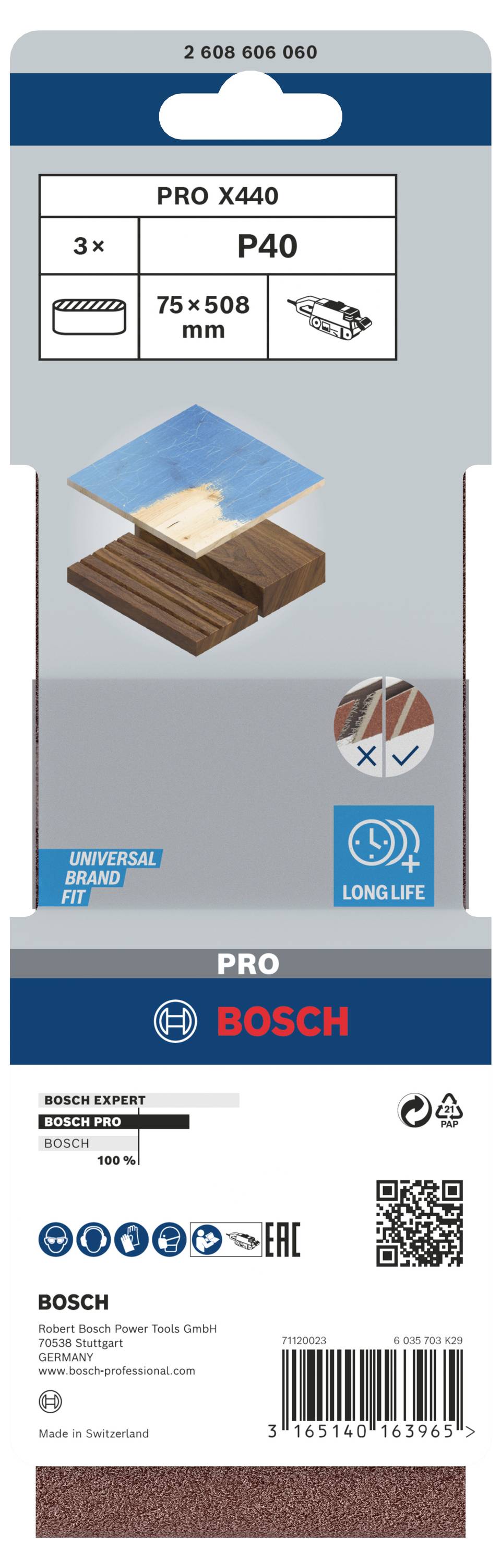 Bosch Pro X440 brusný papír, 3 kusy, zrnitost P40, 75 x 508 mm, vhodný pro dřevo, kov a lakované povrchy.