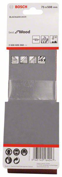 Balení smirkového papíru, 75 x 508 mm. Obsahuje piktogramy a text: 'nejlepší pro dřevo', kompatibilní s BLACK&DECKER.