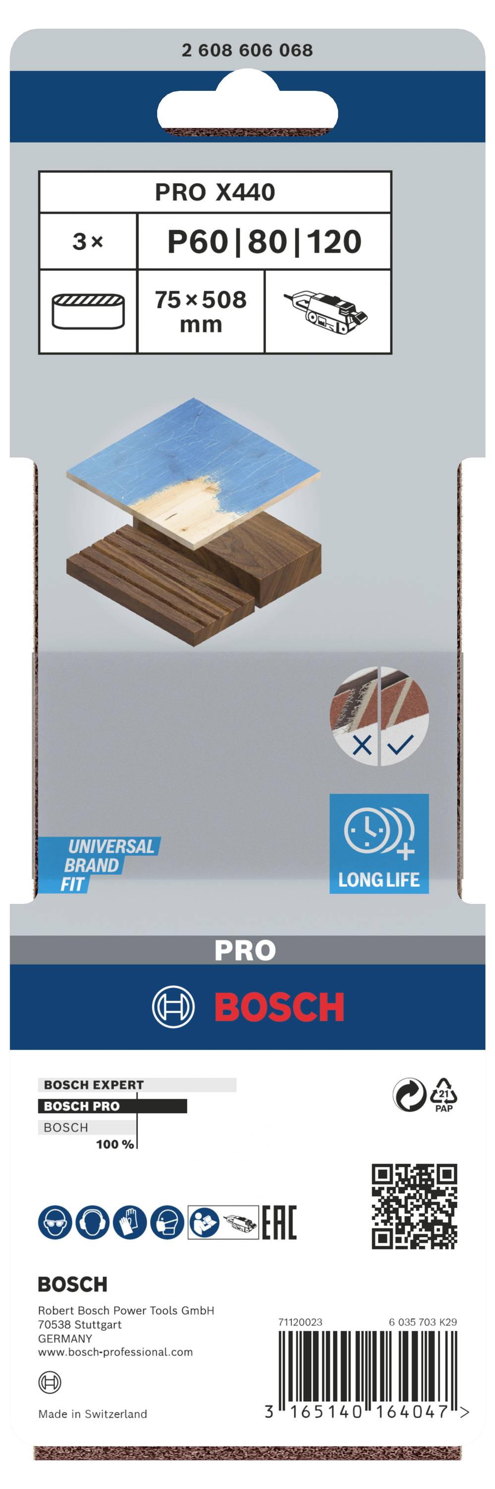 Balení brusného papíru Bosch. Obsahuje tři brusné listy se zrnitostí P60, P80 a P120, velikost 75 x 508 mm.