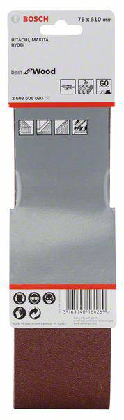Brusný pás od Bosche, 75 x 610 mm, vhodný pro dřevo. Obsahuje 5 pásů, zrnitost 60. Kompatibilní s Hitachi, Makita, Ryobi.