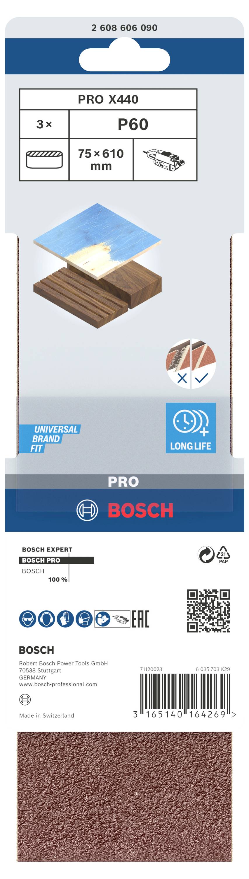 Balení brusného pásu Bosch, Pro X440, P60, 75x610 mm. Zobrazuje použití na dřevo a symboly pro dlouhou životnost a tichý chod.