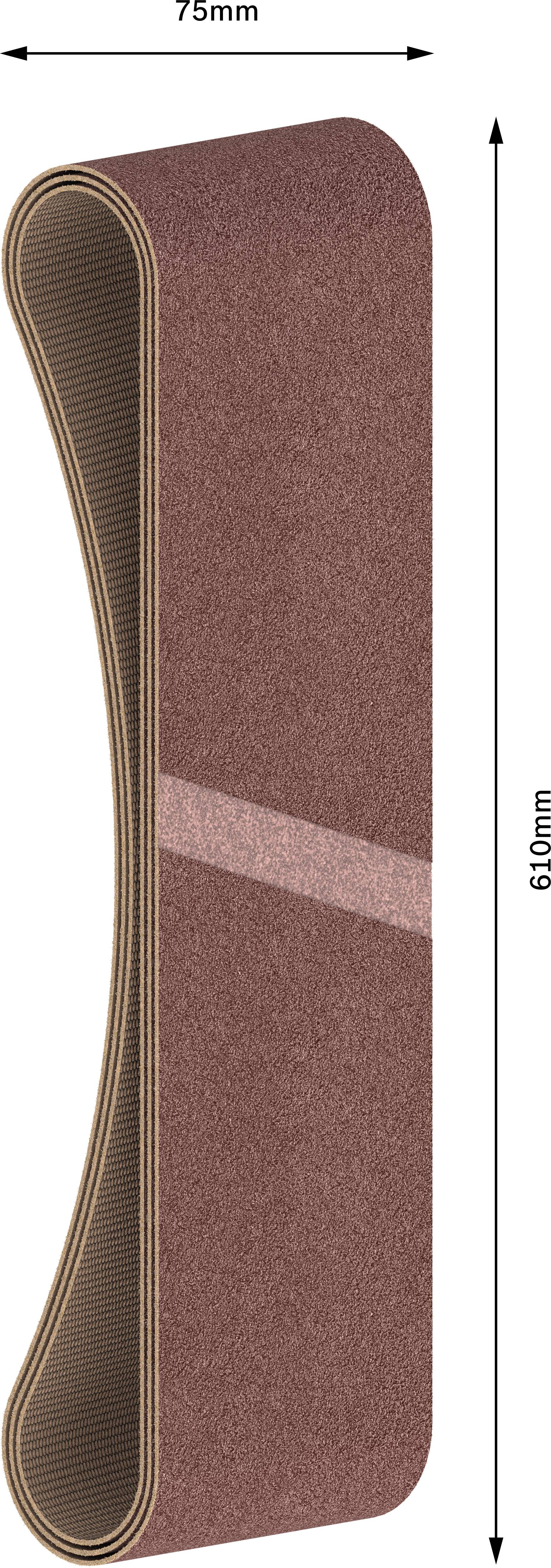 Brusný pás s rozměry: šířka 75 mm, délka 610 mm. Pás je hnědý s diagonální čarou uprostřed.