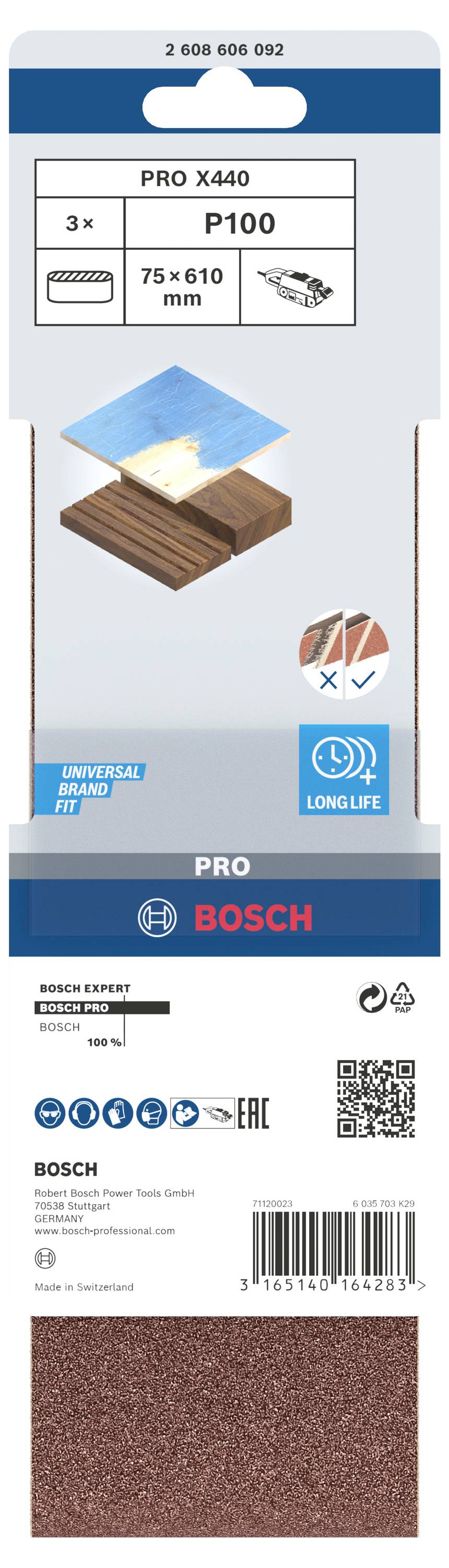Brusný pás na dřevo, 3 kusy, Pro X440, P100, 75x610 mm, značka Bosch, vhodný pro vibrační brusku.