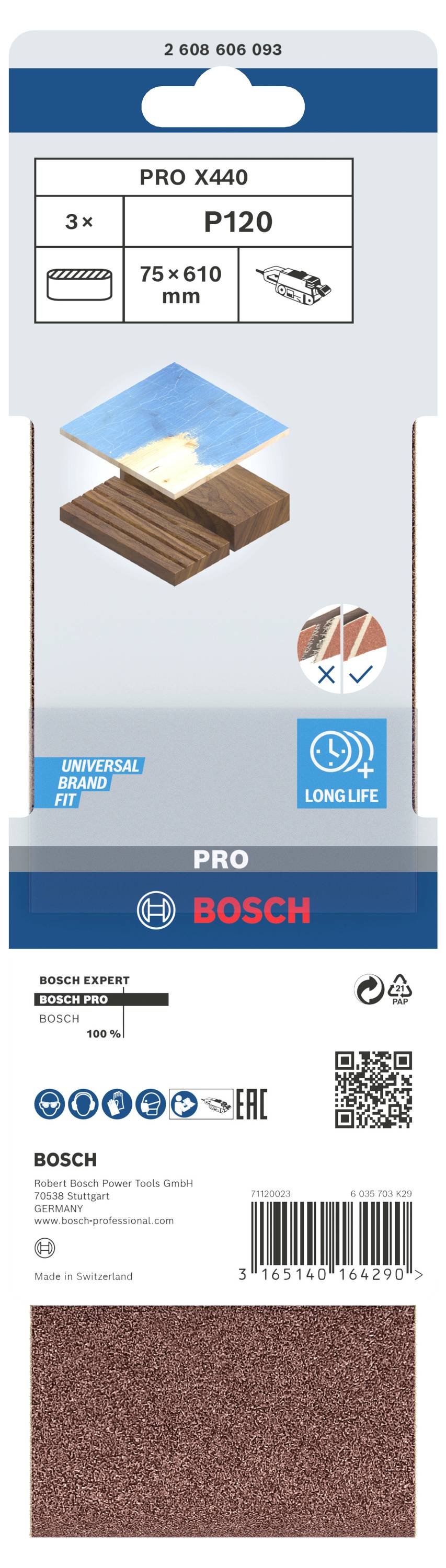 Balení brusných pásů Bosch, model PRO X440, zrnitost P120, velikost 75x610 mm, vhodné pro dřevo. Obsahuje 3 kusy.