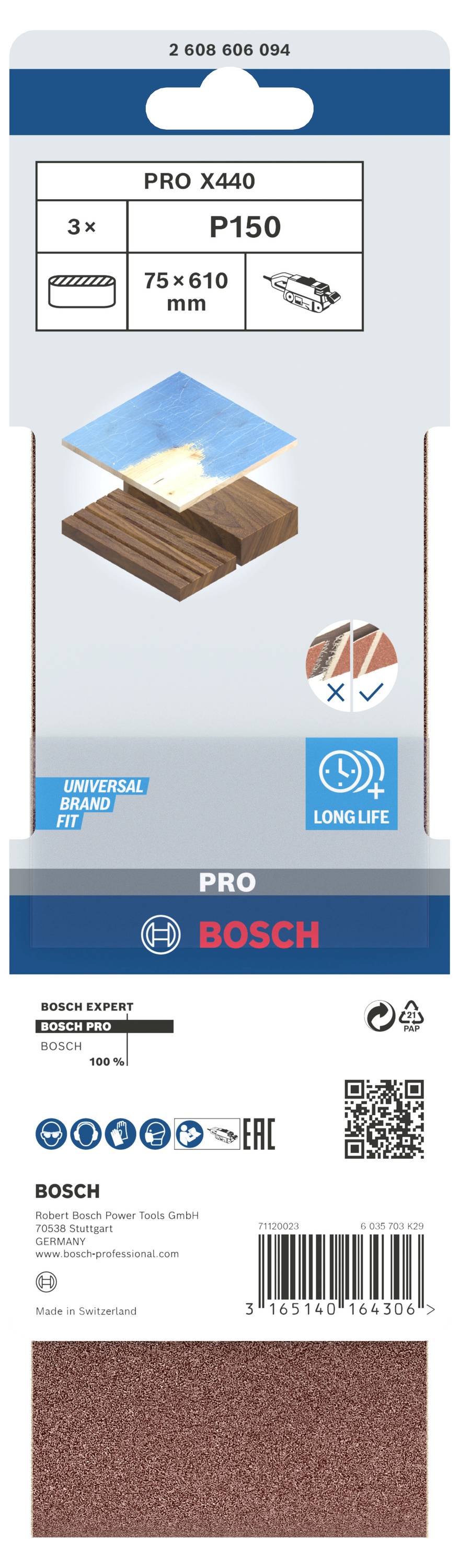 Brusný pás 'Pro X440 P150' pro zpracování dřeva, rozměry 75 x 610 mm, balení zobrazuje obrázek produktu, doporučeno pro dřevěné povrchy.