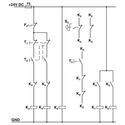 Schéma elektrického obvodu s relé, spínači a zdrojem 24V DC. Klíčové komponenty zahrnují F4, F5, T1, T2, T3, S2, K1 až K5.