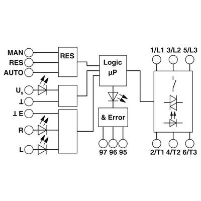 Schéma elektrického obvodu zobrazující toky a spojení řídicího systému. Klíčové komponenty zahrnují RES, Logic μP a sekci Error.