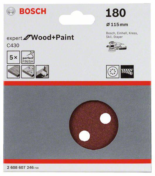 Brusný papír Bosch, model Wood+Paint C430, zrnitost 180, průměr 115 mm, vhodný pro opracování dřeva a nátěrů.