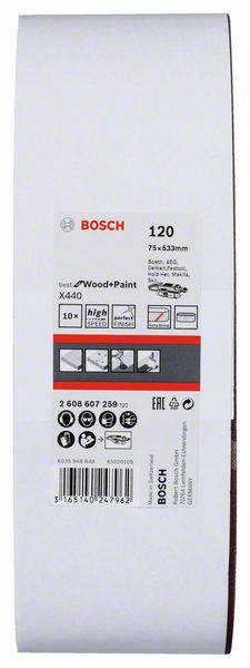 Brusný pás Bosch 120, 75x533 mm, na dřevo a barvu, 10 kusů. Vhodný pro pásové brusky, zobrazuje symboly výkonu a použití.